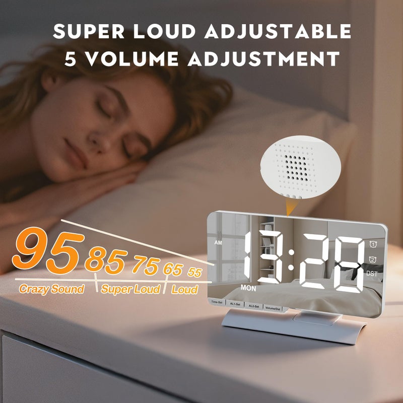 SZELAM Digital Clock,Alarm Clock Bedside,7.3'' Large LED Mirror with Date Display,Dual Alarm with 3 Mode,Brightnee Adjust,DST,Snooze Function,USB C Charging Port,5 Levels Volume for Desk Bedroom Teens - Image 5
