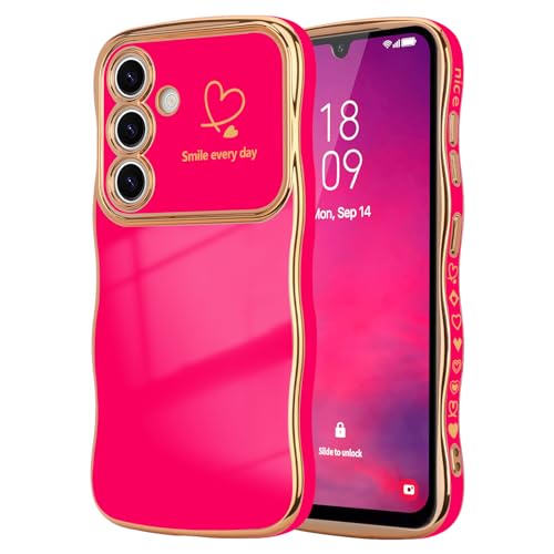 LCHULLE for Samsung Galaxy A16 4G5G Case for Women Girls Cute Wave Frame Curly Shape with Love Heart Raised Camera Protection Cover Luxury Plating Shockproof Phone Case for Galaxy A16 4G5GHot Pink - Image 1