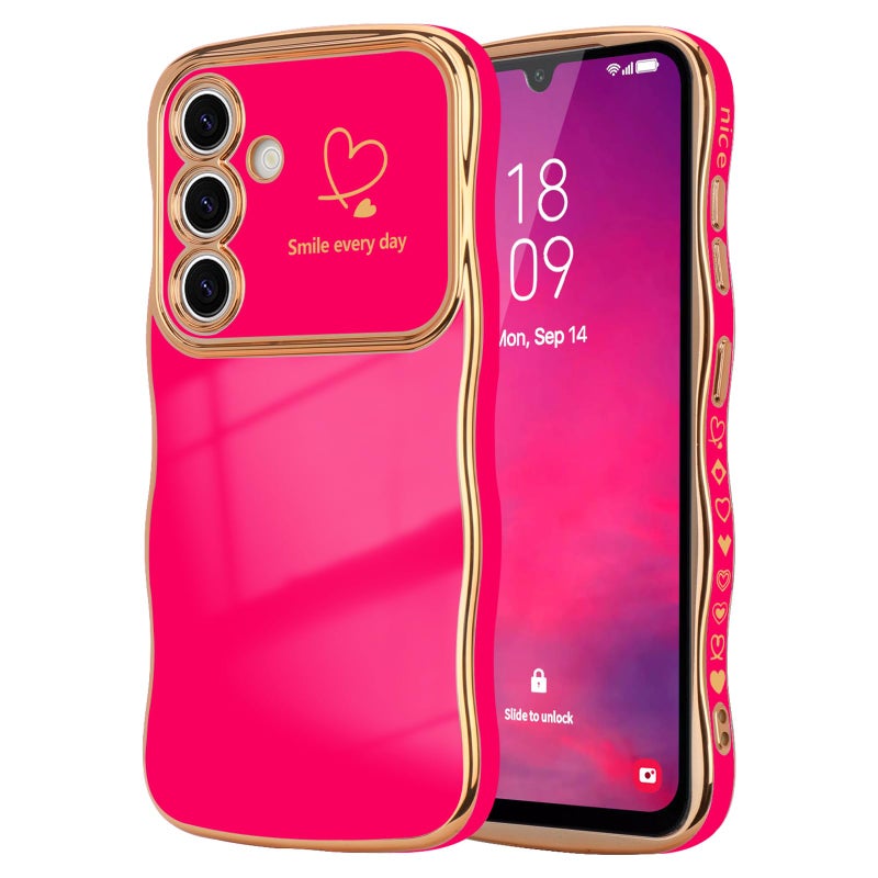 LCHULLE for Samsung Galaxy A16 4G5G Case for Women Girls Cute Wave Frame Curly Shape with Love Heart Raised Camera Protection Cover Luxury Plating Shockproof Phone Case for Galaxy A16 4G5GHot Pink - Image 2