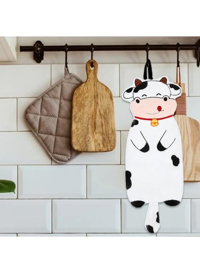 منشفة يد معلقة أنيقة ولطيفة مزينة برسومات حيوانات كرتونية، مصنوعة من قماش ناعم ماص، منشفة تجفيف مزخرفة للمطبخ والحمام، مزودة بحلقة للاستخدام المنزلي، طولها 80 سم (بقرة). - Image 5