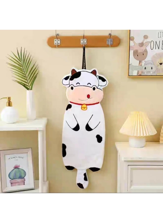 منشفة يد معلقة أنيقة ولطيفة مزينة برسومات حيوانات كرتونية، مصنوعة من قماش ناعم ماص، منشفة تجفيف مزخرفة للمطبخ والحمام، مزودة بحلقة للاستخدام المنزلي، طولها 80 سم (بقرة). - Image 4