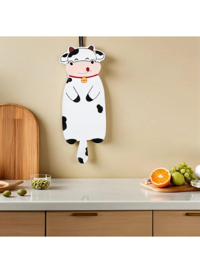 منشفة يد معلقة أنيقة ولطيفة مزينة برسومات حيوانات كرتونية، مصنوعة من قماش ناعم ماص، منشفة تجفيف مزخرفة للمطبخ والحمام، مزودة بحلقة للاستخدام المنزلي، طولها 80 سم (بقرة). - Image 1