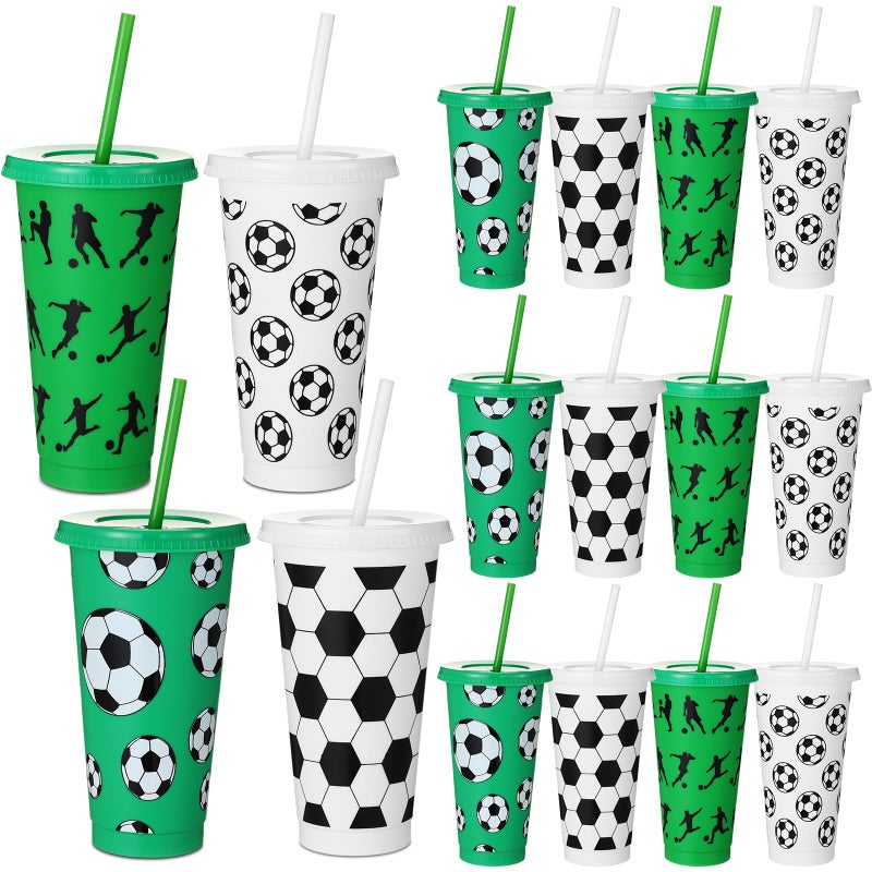 أكواب حفلات كرة القدم من Nuogo 12 قطعة سعة 24 أونصة بلاستيكية مع غطاء وقشة أكواب قابلة لإعادة الاستخدام لمحبي الرياضة في حفلات أعياد الميلاد