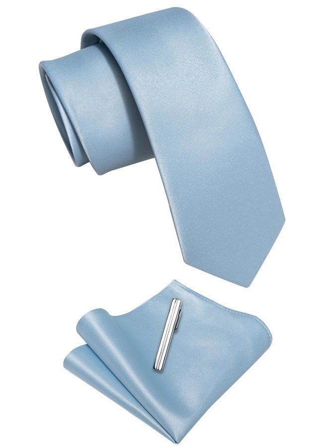 YourTies Skinny Tie and Pocket Square Tie Clip Sets for Men Satin Slim Neckties with Gift Box, Sky Blue, One size - Image 2