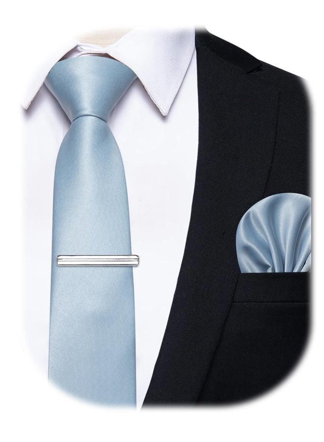 YourTies Skinny Tie and Pocket Square Tie Clip Sets for Men Satin Slim Neckties with Gift Box, Sky Blue, One size - Image 1
