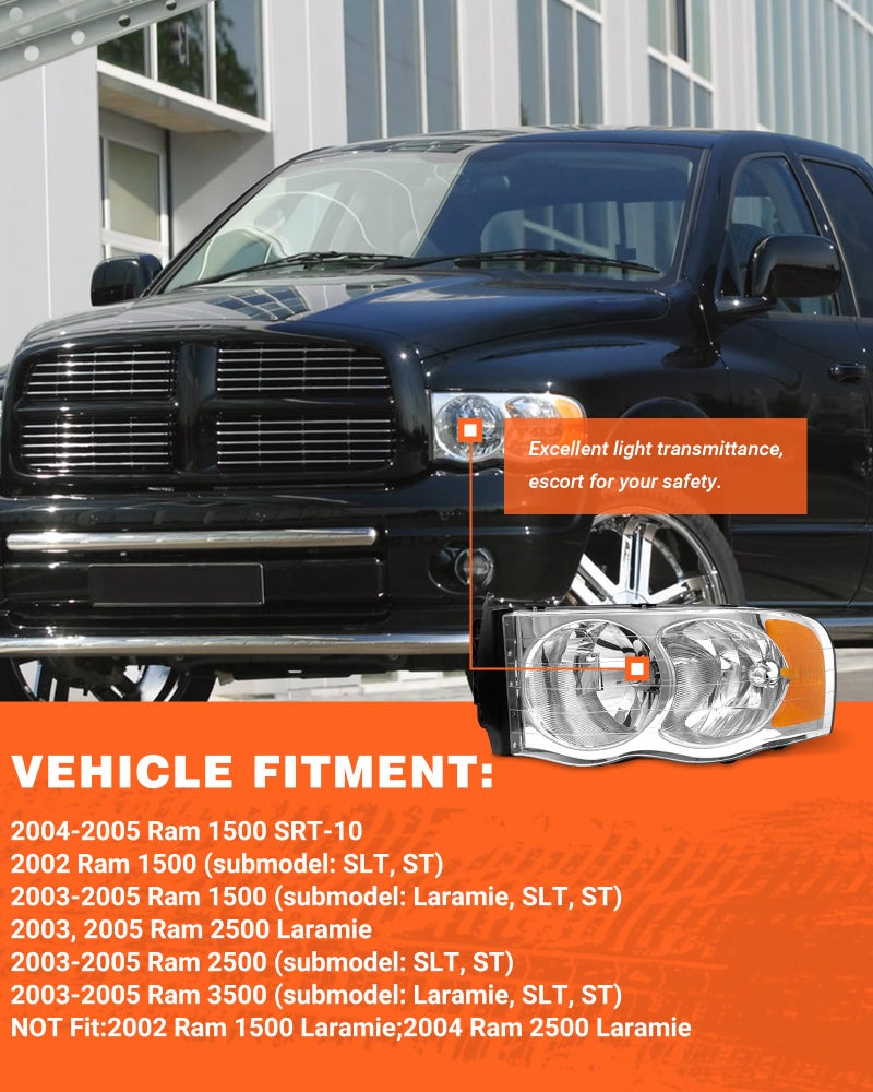 AXLAHA Headlight Assembly for 2002 2003 2004 2005 Dodge Ram 1500/2003-2005 Ram 2500 3500 Chrome Housing Clear Reflector Replacemen Left & Right - Image 2