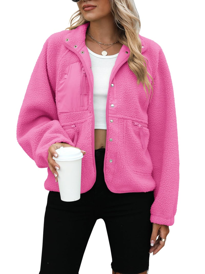 Yanekop Sherpa Jacket Women Fall Winter Faux Fur Coat Fuzzy Fleece Jacket Button Up Cozy Sweaters Warm Winter Clothes(A Hot Pink,S) - Image 1