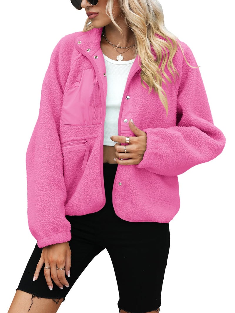 Yanekop Sherpa Jacket Women Fall Winter Faux Fur Coat Fuzzy Fleece Jacket Button Up Cozy Sweaters Warm Winter Clothes(A Hot Pink,S) - Image 2