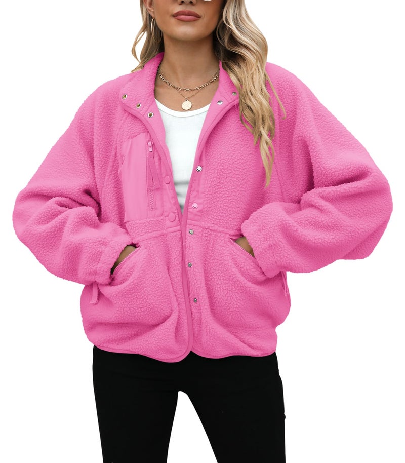 Yanekop Sherpa Jacket Women Fall Winter Faux Fur Coat Fuzzy Fleece Jacket Button Up Cozy Sweaters Warm Winter Clothes(A Hot Pink,S) - Image 3