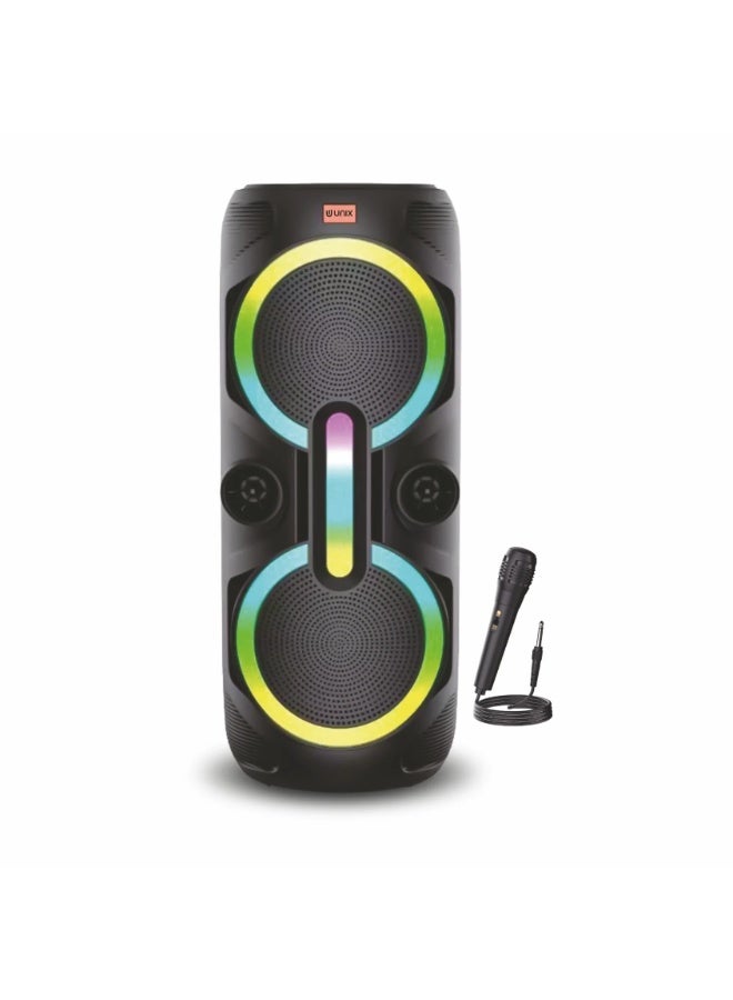 UNIX VEZ 40W Bluetooth Party Speaker with RGB Lights | TWS Stereo | Wireless Mic & Remote | Multi-Mode Playback, 4000mAh Battery | Black - Image 1