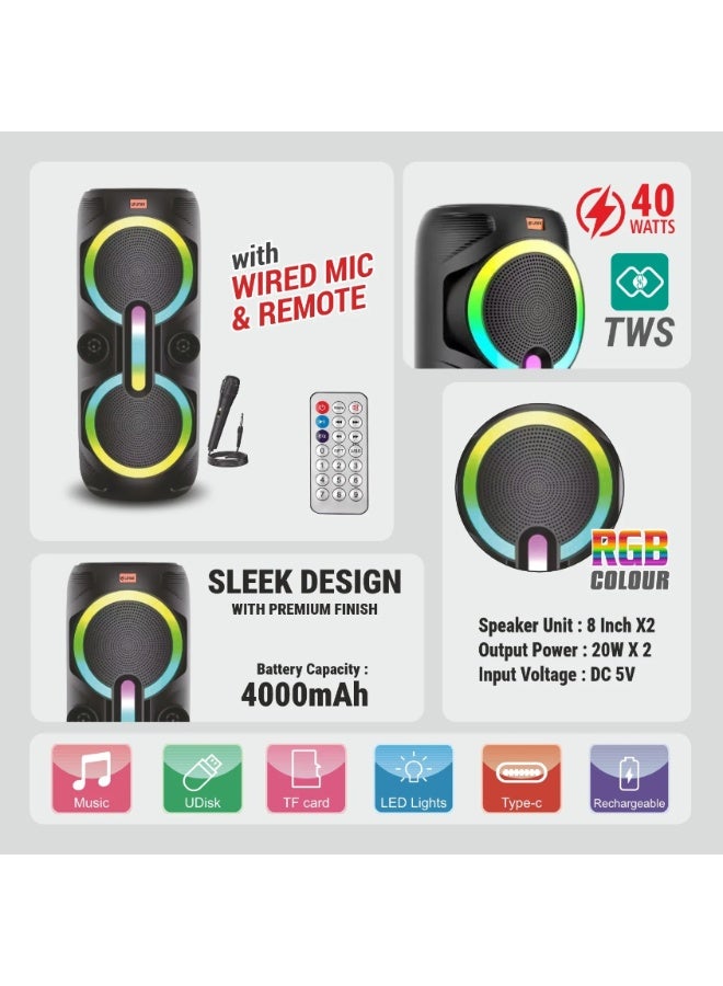 UNIX VEZ 40W Bluetooth Party Speaker with RGB Lights | TWS Stereo | Wireless Mic & Remote | Multi-Mode Playback, 4000mAh Battery | Black - Image 2