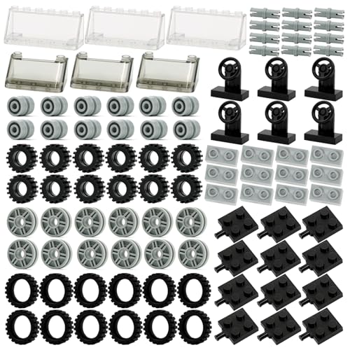 Pamvava Wheels and Axles Sets Tires 102 Car Parts and Pieces Windshield Steering Wheel Chassis Bricks Educational Toys - Image 1