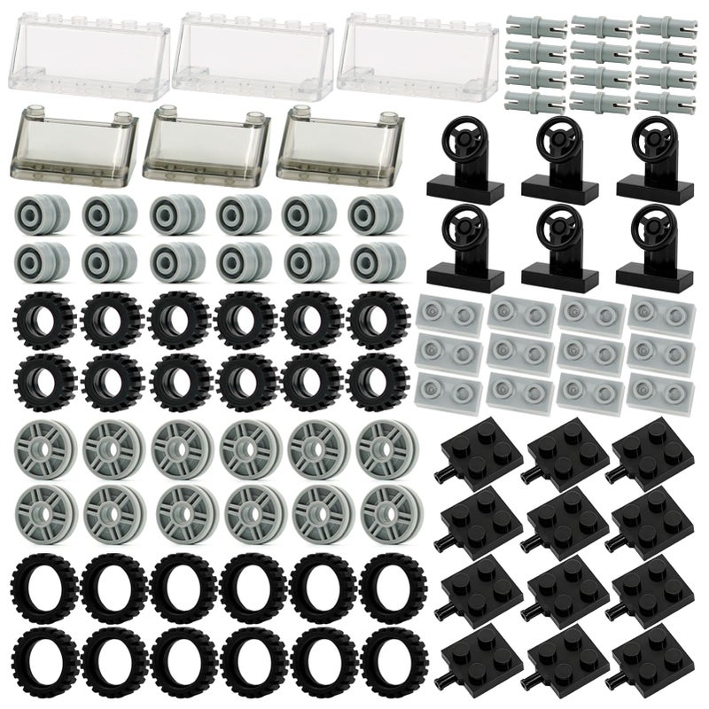 Pamvava Wheels and Axles Sets Tires 102 Car Parts and Pieces Windshield Steering Wheel Chassis Bricks Educational Toys - Image 4
