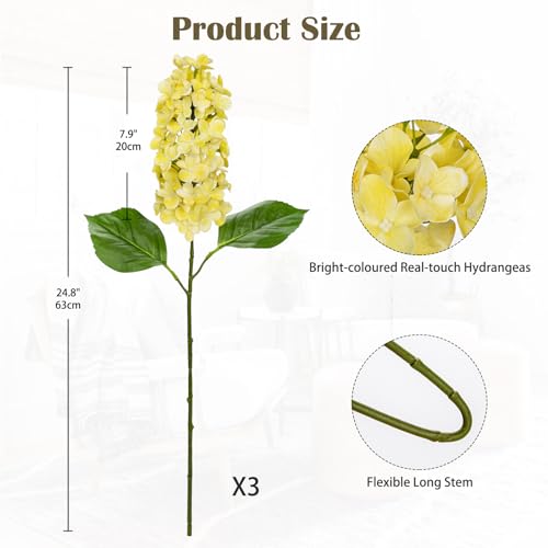 Arborus Artificial Hydrangea Flowers Real Touch 3PCS 248 Faux Cone Hydrangea Stems for Tall Vases Home Dcor Wedding Centerpieces Floral Arrangements Butter Yellow - Image 3