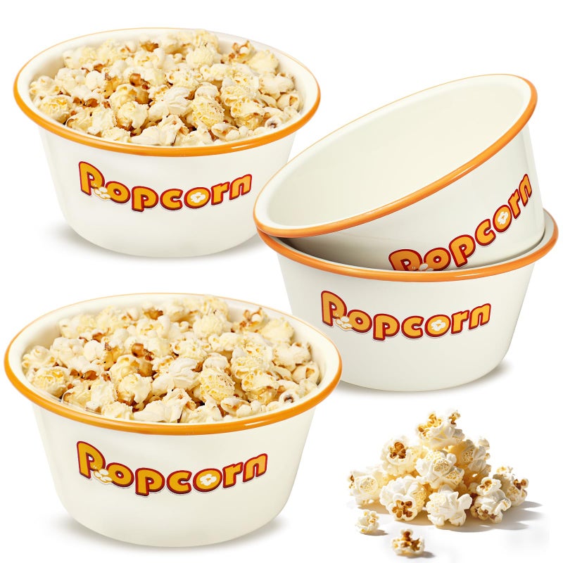 Webake 1.2 Quart Enamelware Popcorn Bowls for Family Movie Night, White Retro Snack Bowls Popcorn Serving Bowl Gift Set of 4 - Image 1