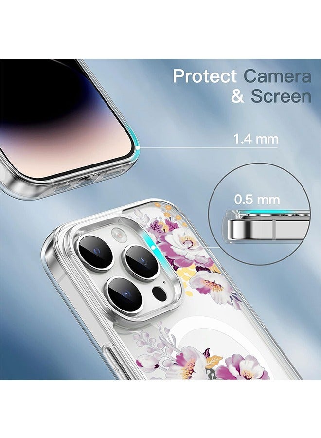 جراب شفاف مزين بنقوش زهور متوافق مع تقنية MagSafe لهاتف iPhone 14 Pro Max، يوفر حماية فائقة ضد السقوط، غطاء شفاف مقاوم للبهتان مع تثبيت مغناطيسي قوي، بنقشة زهور أنيقة. - Image 2