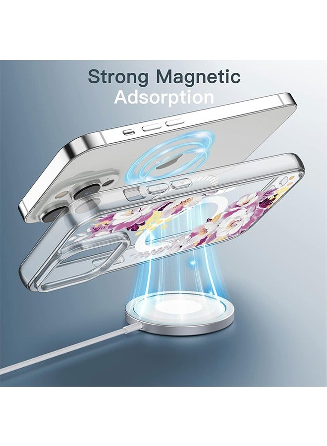 جراب شفاف مزين بنقوش زهور متوافق مع تقنية MagSafe لهاتف iPhone 14 Pro Max، يوفر حماية فائقة ضد السقوط، غطاء شفاف مقاوم للبهتان مع تثبيت مغناطيسي قوي، بنقشة زهور أنيقة. - Image 4