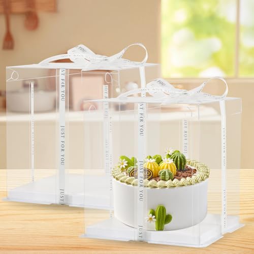 CHENZEM 8Pcs Tall Cake Boxes Clear Box with Ribbon, 8x8x9 inch, for 6" cajas para pasteles Tiered Cakes,Transport Gift Boxes for Wedding Valentine'Day and Gift Display. (Clear, 8 * 8 * 9 inch/8pcs) - Image 4