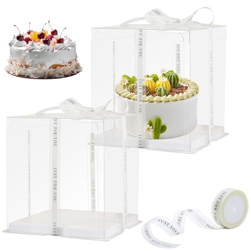 CHENZEM 8Pcs Tall Cake Boxes Clear Box with Ribbon, 8x8x9 inch, for 6" cajas para pasteles Tiered Cakes,Transport Gift Boxes for Wedding Valentine'Day and Gift Display. (Clear, 8 * 8 * 9 inch/8pcs) - Image 3