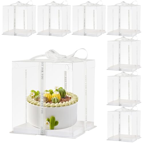 CHENZEM 8Pcs Tall Cake Boxes Clear Box with Ribbon, 8x8x9 inch, for 6" cajas para pasteles Tiered Cakes,Transport Gift Boxes for Wedding Valentine'Day and Gift Display. (Clear, 8 * 8 * 9 inch/8pcs) - Image 1