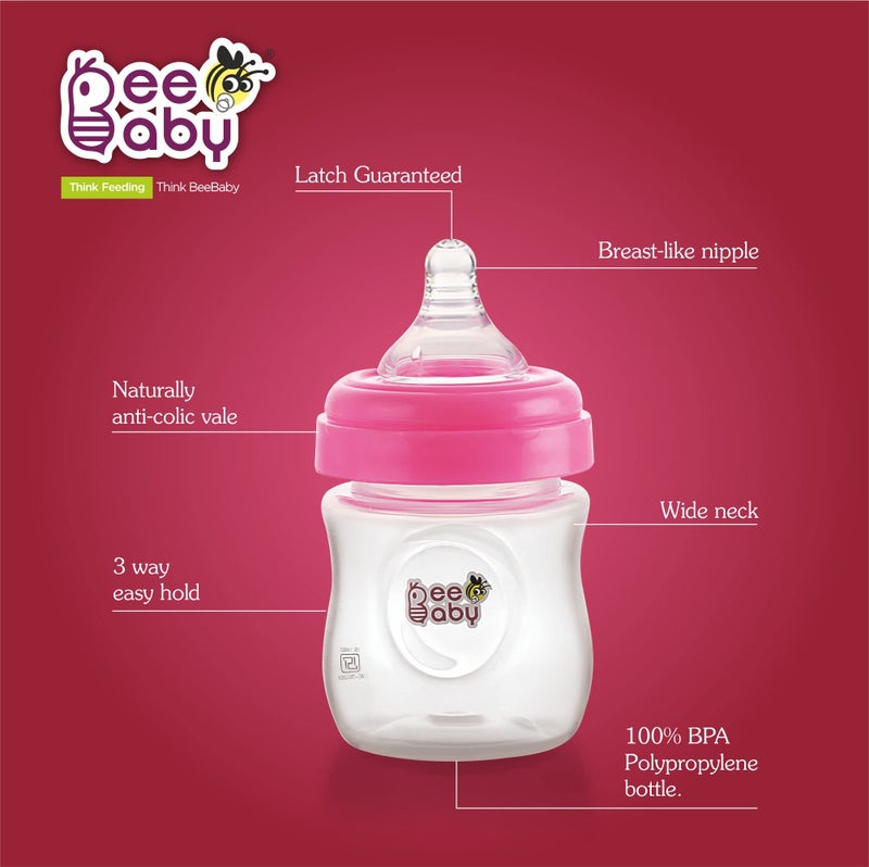 BeeBaby Ease Wide Neck Baby Feeding Bottle with Anti-Colic Soft Silicone Nipple. 100% BPA Free (Pink, 150 ml) - Image 4