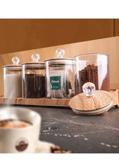 Generic Spice Jar Set of 4 Acrylic Glass Canisters with Bamboo Lids, Spoons and Base Perfect for Kitchen, Coffee Corner and Home to Serve Sugar, Spices, Salt, Coffee H  - Image 1