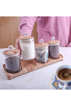 Generic Spice Jar Set of 4 Acrylic Glass Canisters with Bamboo Lids, Spoons and Base Perfect for Kitchen, Coffee Corner and Home to Serve Sugar, Spices, Salt, Coffee H  - Image 2