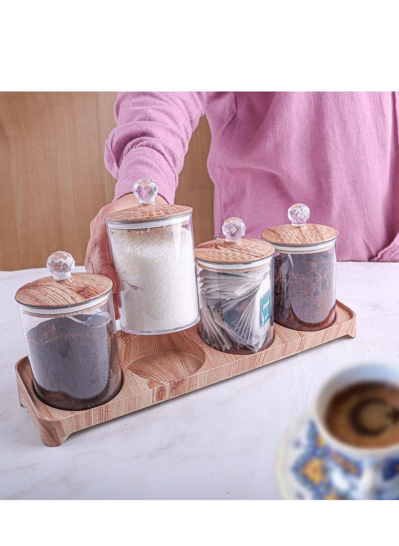 Generic - Spice Jar Set of 4 Acrylic Glass Canisters with Bamboo Lids, Spoons and Base Perfect for Kitchen, Coffee Corner and Home to Serve Sugar, Spices, Salt, Coffee H - Image 1