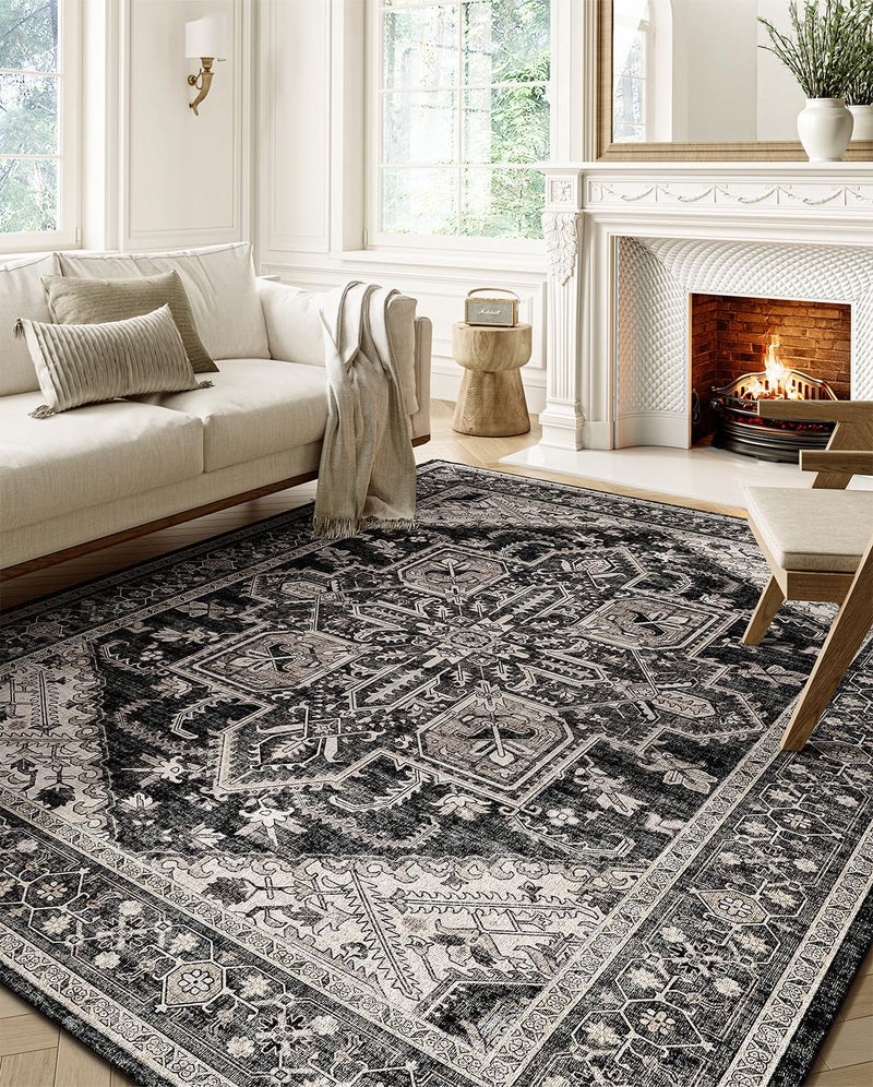 WITSHOCK Boho Area Rugs Machine Washable for Living Room Bedroom  Large 5x7 Vintage Non-Slip Stain Resistant Floor Carpet Indoor for Kitchen Dining Room Office Home Decor  Bitter Black - Image 1
