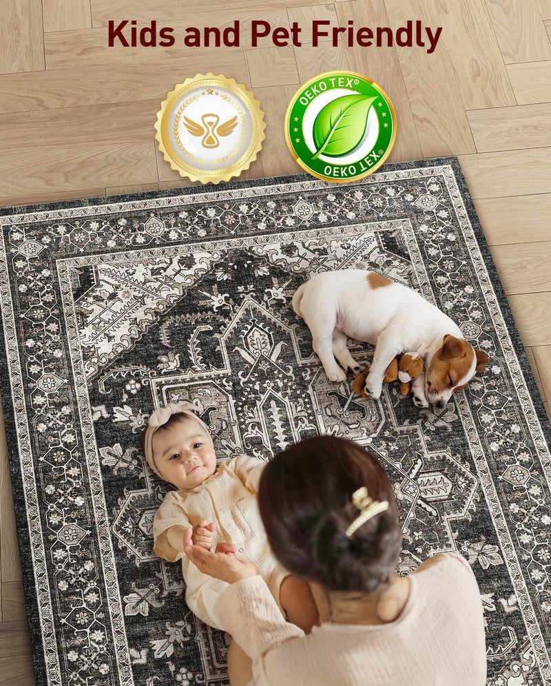 WITSHOCK Boho Area Rugs Machine Washable for Living Room Bedroom  Large 5x7 Vintage Non-Slip Stain Resistant Floor Carpet Indoor for Kitchen Dining Room Office Home Decor  Bitter Black - Image 5