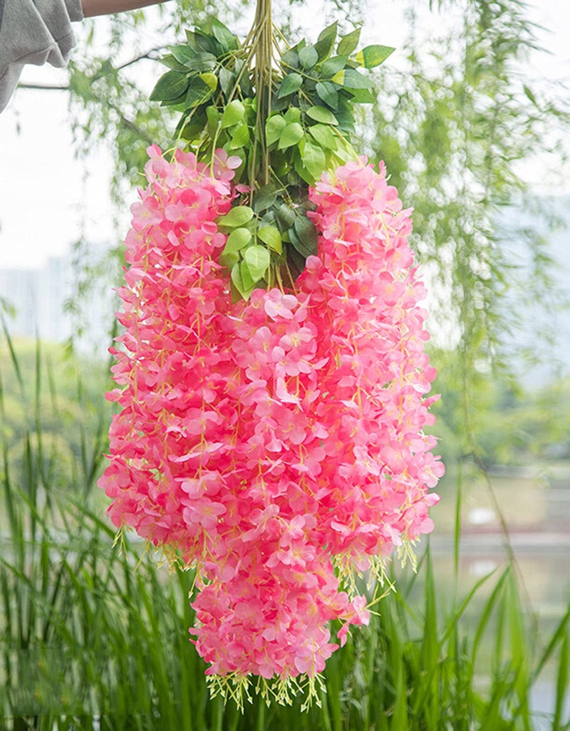 WEISPARK Fake Hanging Flowers - 12 Pieces 3.75 Feet/Piece Artificial Wisteria Vine Ratta Hanging Garland Silk Flowers for Home Party Wedding Decor (Pink) - Image 1
