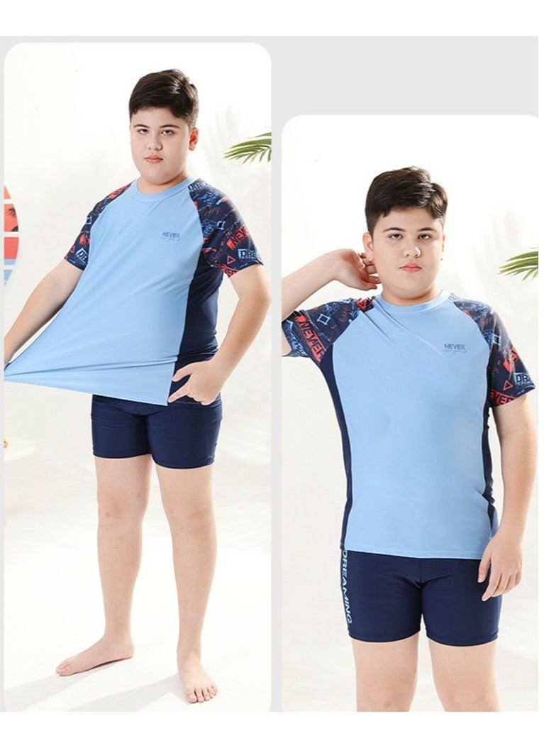 Loquat - Boys Split Swimsuits Set Short Sleeve Swim Shirts With Trunks And Swim Cap Quick Dry Swim Set - Image 1