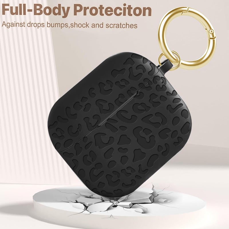 Gawnock Engraved Case for AirPods 3rd Generation Carving Cover with Keychain, Leopard Skin Soft Cover for Compatible with AirPods 3rd Generation Case Full Protection,Front LED Visible,Black - Image 4