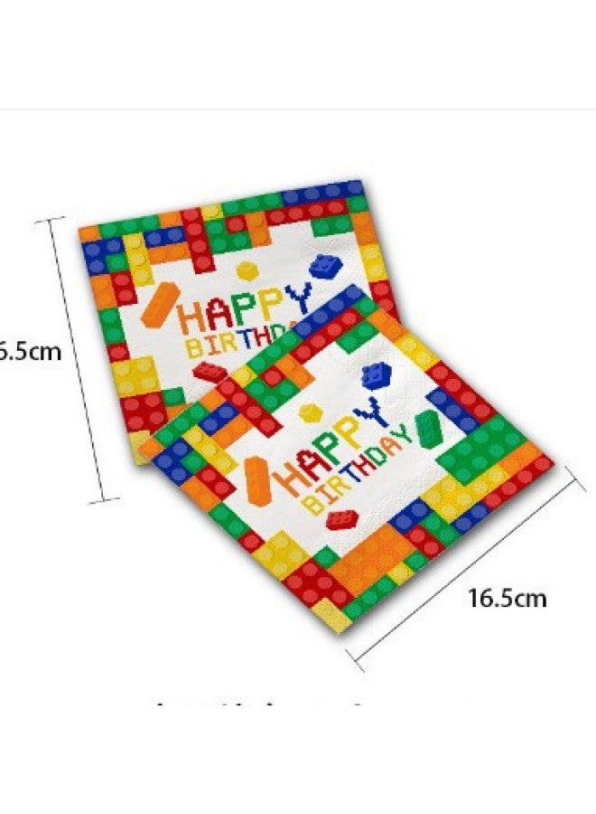 Lego Block Theme Children's Birthday Party Tableware Disposable Dinner Plate 9 Inch 7 Inch Paper Plate Paper Towel Tablecloth-Color:Paper Towel-Specifications:16 People. - Image 1