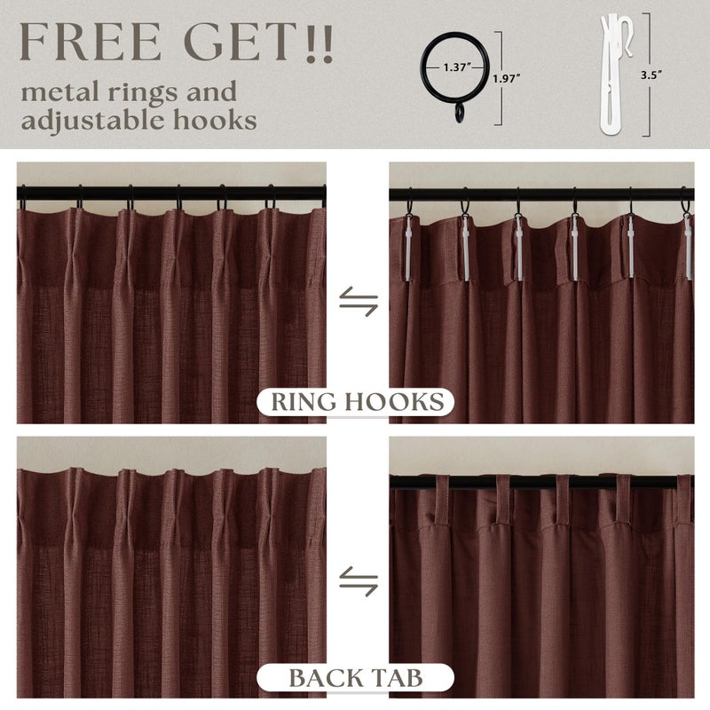 TWODRAPES Maroon Pinch Pleated Linen Curtains 108 Inches Long for Living Room 2 Panels Set Flax Double Pleated Drapes Back Tab Farmhouse Ceiling Floor 108 Inch Window Curtains Bedroom Chestnut Reddish Brown - Image 5