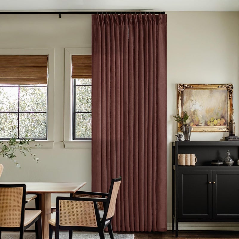 TWODRAPES Maroon Pinch Pleated Linen Curtains 108 Inches Long for Living Room 2 Panels Set Flax Double Pleated Drapes Back Tab Farmhouse Ceiling Floor 108 Inch Window Curtains Bedroom Chestnut Reddish Brown - Image 1