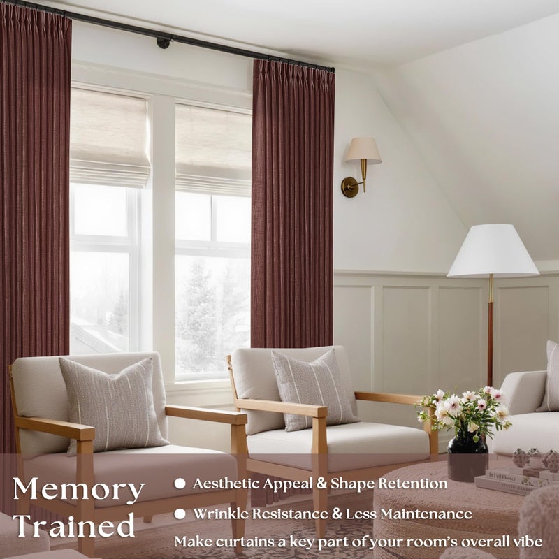 TWODRAPES Maroon Pinch Pleated Linen Curtains 108 Inches Long for Living Room 2 Panels Set Flax Double Pleated Drapes Back Tab Farmhouse Ceiling Floor 108 Inch Window Curtains Bedroom Chestnut Reddish Brown - Image 2