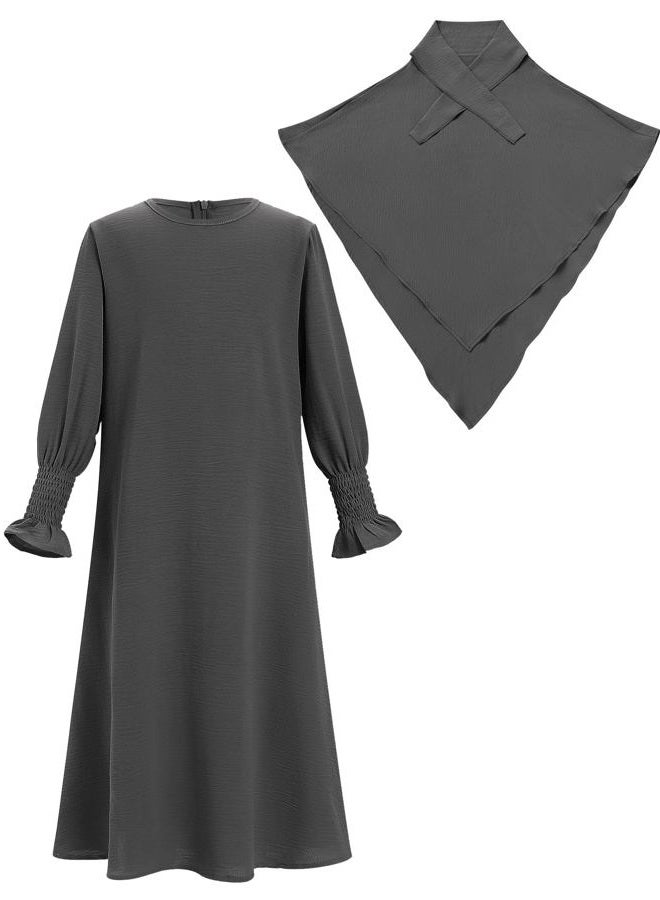 OBEEII Abaya for Girls Muslim Long Sleeve Prayer Dress Ramadan Kaftan Abaya with Hijab Islamic Clothing Arabic Eid Robe, Gray, 11-12 years - Image 5