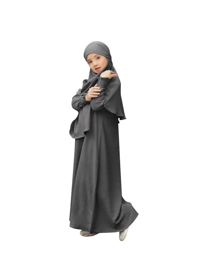 OBEEII Abaya for Girls Muslim Long Sleeve Prayer Dress Ramadan Kaftan Abaya with Hijab Islamic Clothing Arabic Eid Robe, Gray, 11-12 years - Image 1