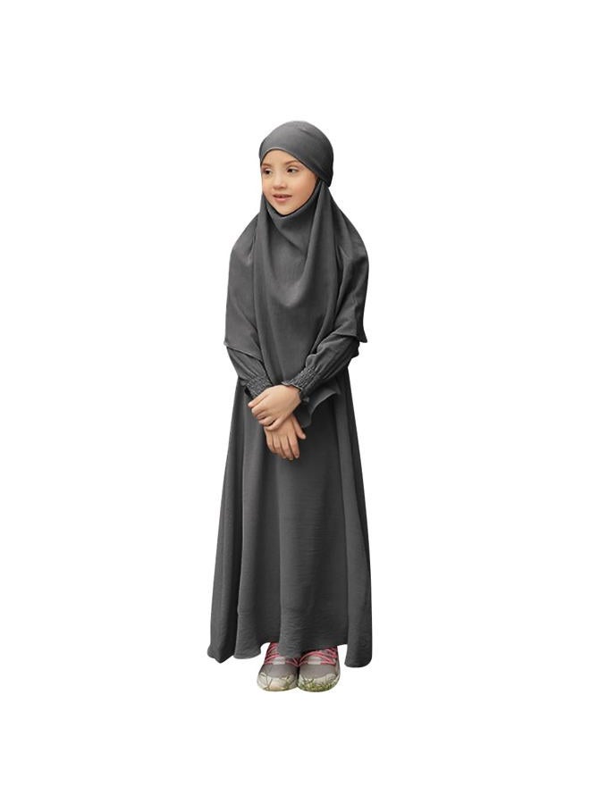 OBEEII Abaya for Girls Muslim Long Sleeve Prayer Dress Ramadan Kaftan Abaya with Hijab Islamic Clothing Arabic Eid Robe, Gray, 11-12 years - Image 2