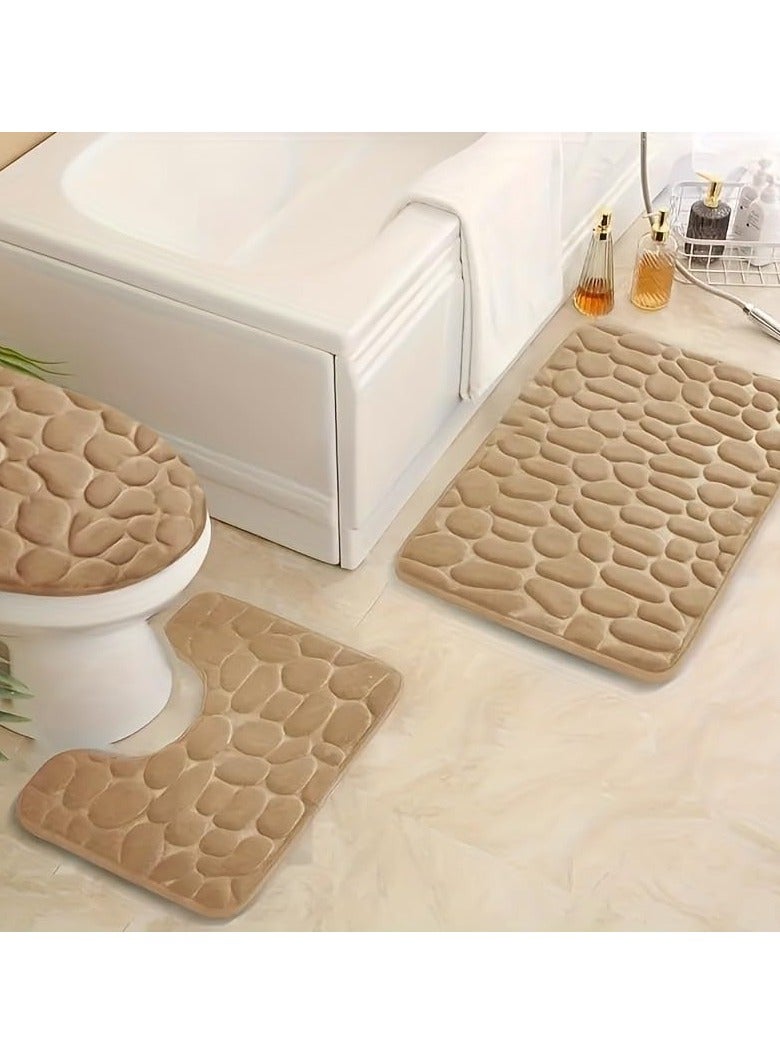 شو وو مجموعات سجاد الحمام 3 قطع ، حصاة ميموري فوم – مفرش حمام سميك جداً وغير قابل للانزلاق، ماص للماء، سجاد دعاسة حمام كاكي قابل للغسل للحوض والمرحاض والأرضية. - Image 1
