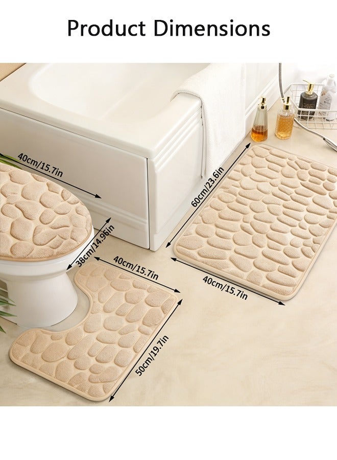 شو وو مجموعات سجاد الحمام 3 قطع ، حصاة ميموري فوم – مفرش حمام سميك جداً وغير قابل للانزلاق، ماص للماء، سجاد دعاسة حمام كاكي قابل للغسل للحوض والمرحاض والأرضية. - Image 2