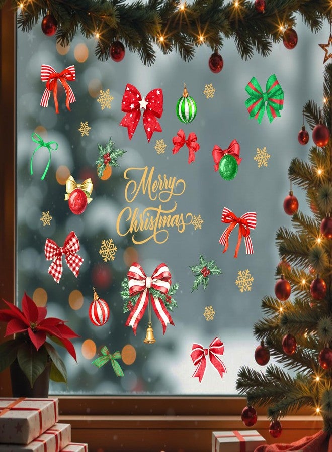 Mfault Merry Christmas Bow Window Clings, Xmas Coquette Ribbon Balls Gold Snowflake Preppy Stickers Decals Decorations, Winter Holiday Holly Berries Home Kitchen Decor - Image 2