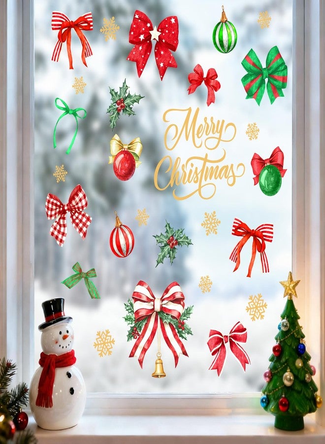 Mfault Merry Christmas Bow Window Clings, Xmas Coquette Ribbon Balls Gold Snowflake Preppy Stickers Decals Decorations, Winter Holiday Holly Berries Home Kitchen Decor - Image 1