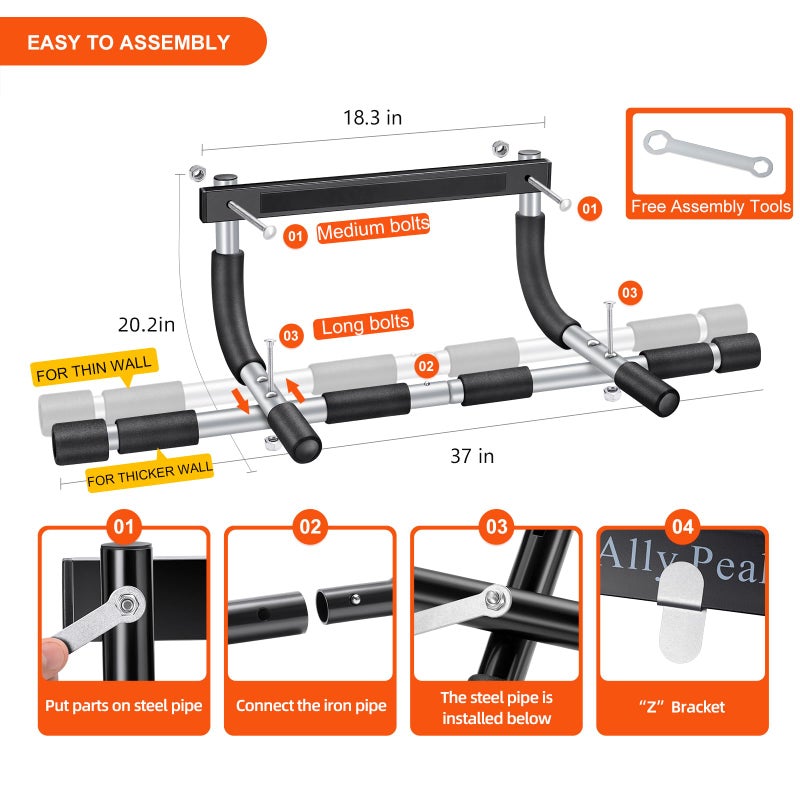 Ally Peaks Pull Up Bar for Doorway | Thickened Steel Max Limit 440 lbs Upper Body Fitness Workout Bar| Multi-Grip Strength for Doorway | Indoor Chin-Up Bar Fitness Trainer for Home Gym Portable |180 - Image 5