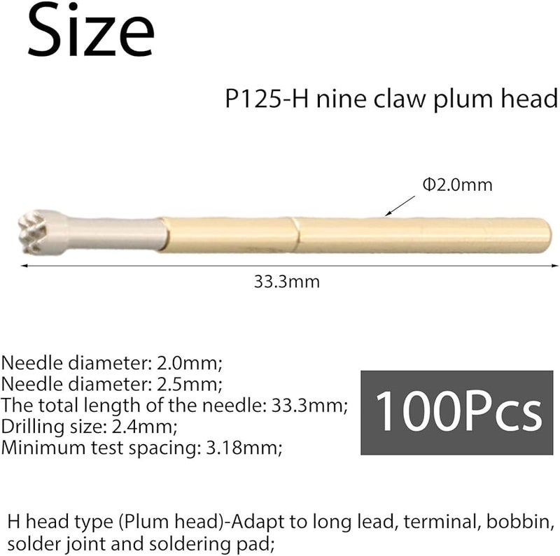 P125 H Size 100 Pcs Spring Test Probe Pogo Pin Set Gold Plated Brass Tube PCB Testing - Image 5