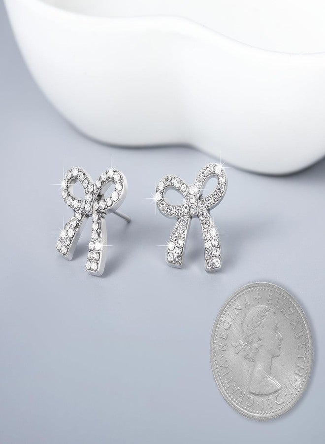 ecozran Silver Bow Earrings for Women Trendy Sparkly Rhinestone Dangle Drop Earrings Lightweight Hypoallergenic Silver Jewelry Perfect for Prom Wedding Party Dress, Small, Alloy Steel, No Gemstone - Image 4