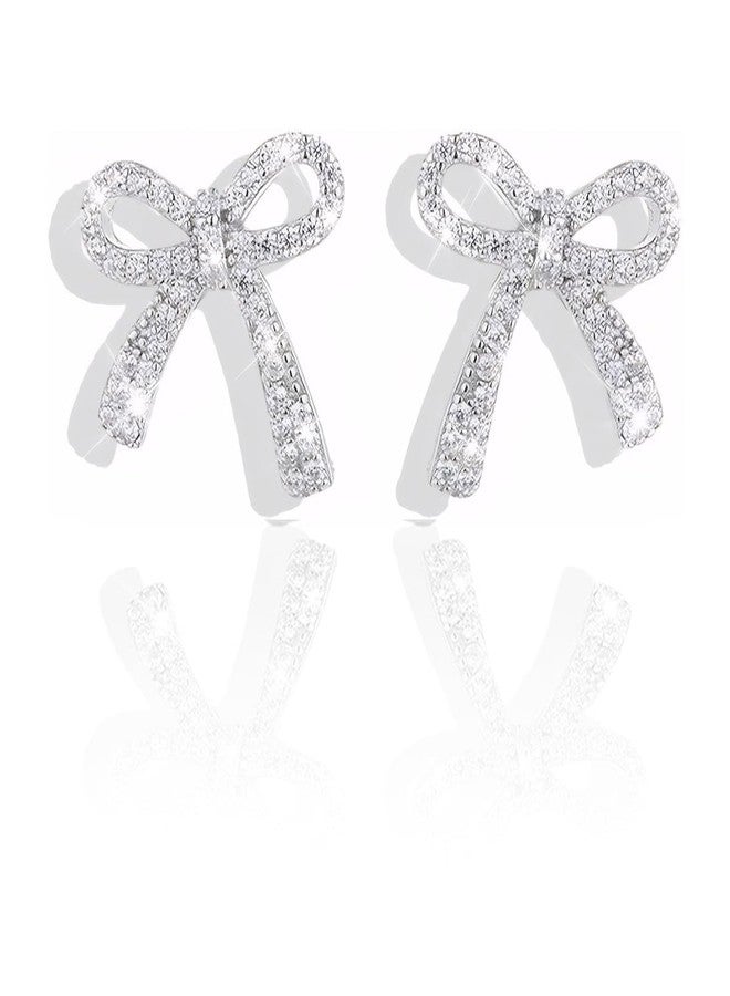 ecozran Silver Bow Earrings for Women Trendy Sparkly Rhinestone Dangle Drop Earrings Lightweight Hypoallergenic Silver Jewelry Perfect for Prom Wedding Party Dress, Small, Alloy Steel, No Gemstone - Image 1