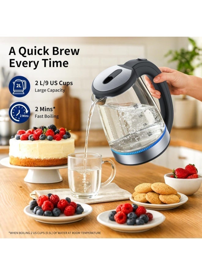 Electric Kettle Glass 2L, 1500W Fast Boiling Hot Water Boiler with Auto Shut-Off, LED Light, BPA-Free, Borosilicate Glass, Stainless Steel Interior, Wide Opening,Tea Kettle - Image 3