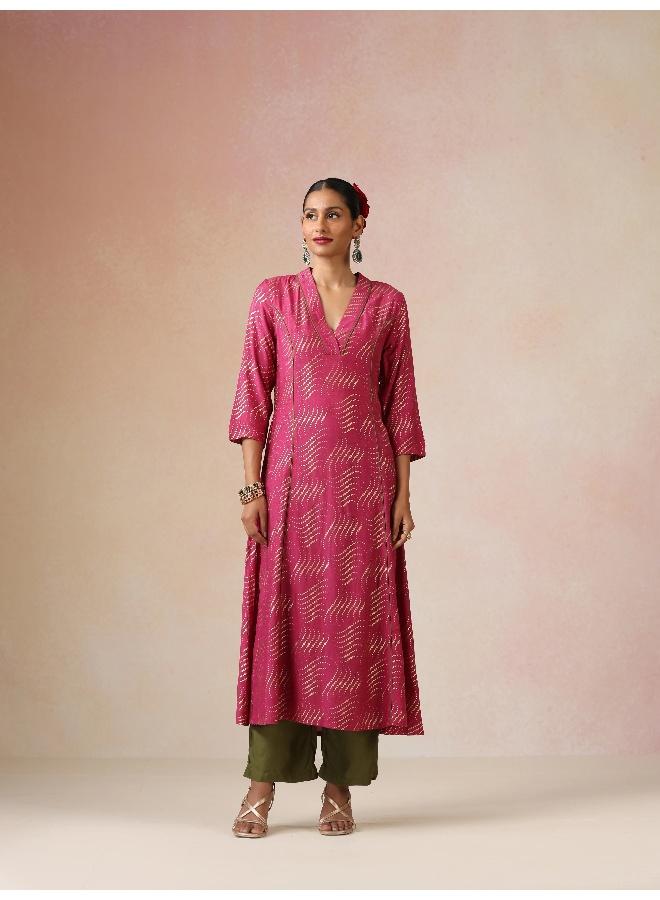 trueBrowns Pink Gold Foil Print Muslin Silk A-line Kurta Set - Image 2
